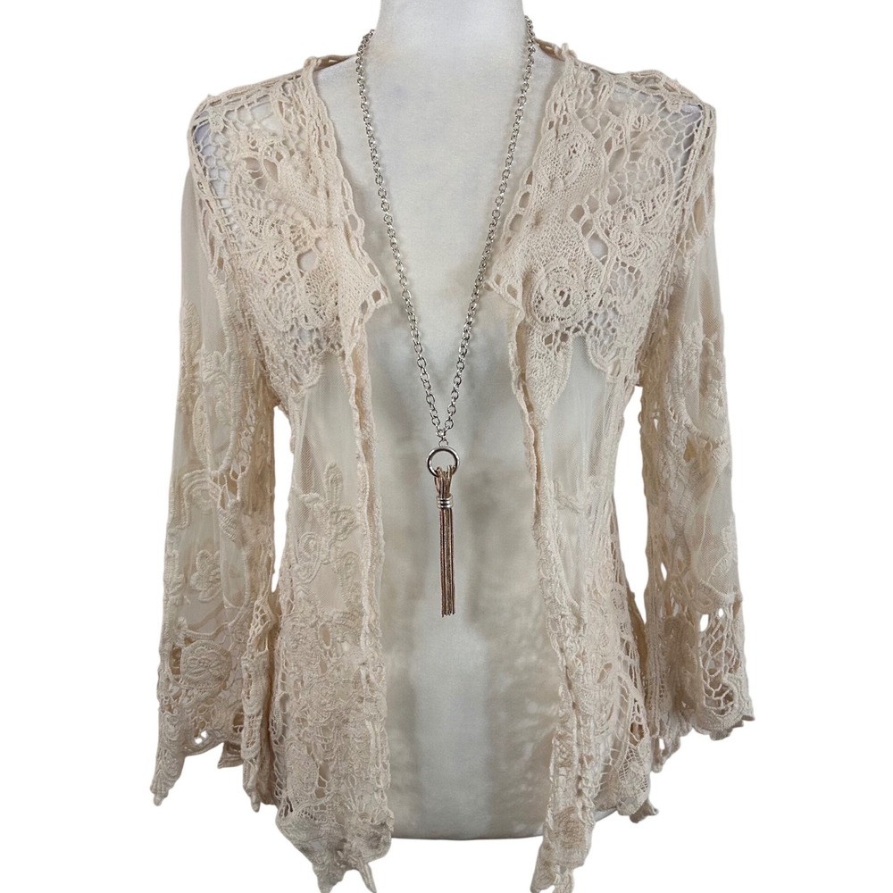 Vasna Ivory Crochet Lace Mesh Cardigan S/M Boho Fairycore Floral Whimsical Gypsy